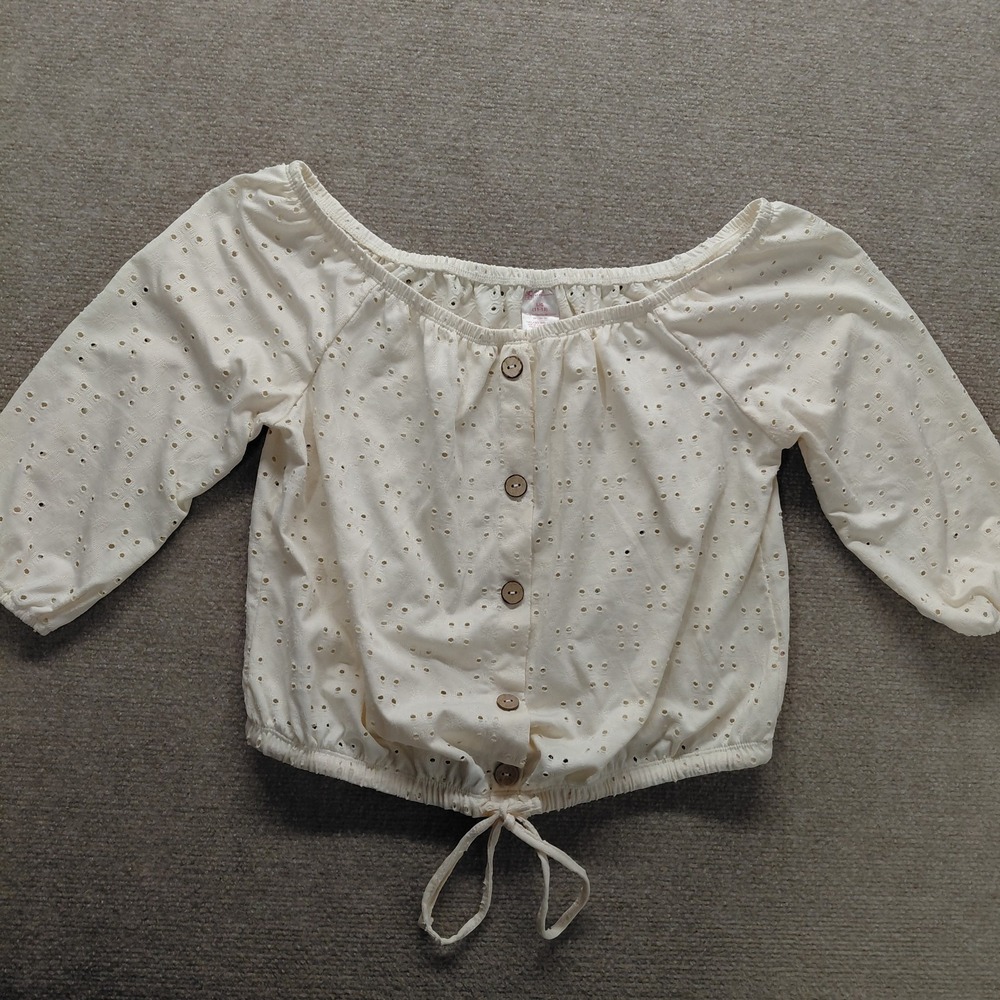NO BOUNDARIES On Off Shoulder Crop Top Sz LARGE 11-13  Eyelet 3/4‎ Sleeve Boho